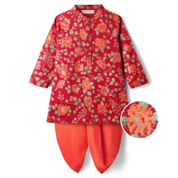 EARTHY TOUCH Cotton Woven Full Sleeves Kurta Dhoti Set With Floral Print - Red-picture-20
