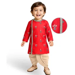 EARTHY TOUCH Cotton Woven Full Sleeves Kurta Dhoti Set With Floral Print - Red-picture-22