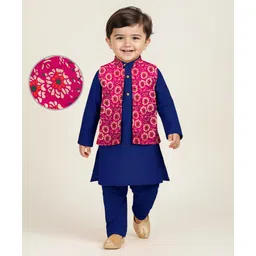 EARTHY TOUCH Cotton Woven Full Sleeves Kurta Pajama & Floral Foil Printed Jacket Set - Navy Blue-picture-15