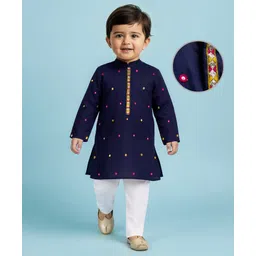 EARTHY TOUCH Cotton Woven Full Sleeves Kurta Pajama Set with Embroidery - Navy Blue-picture-33