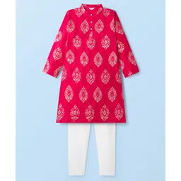 EARTHY TOUCH Cotton Woven Full Sleeves Kurta Pajama Set With Floral Print - Red-picture-24