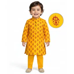 EARTHY TOUCH Cotton Woven Full Sleeves Kurta Pajama Set with Motif Print - Mustard-picture-32