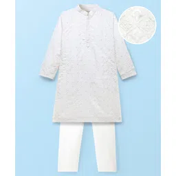 EARTHY TOUCH Cotton Woven Full Sleeves Kurta Pyjama Set With Floral Embroidery - White-picture-21