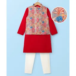EARTHY TOUCH Cotton Woven Full Sleeves Kurta Pyjama Set With Floral Printed Nehru Jacket - Red & Grey-picture-14