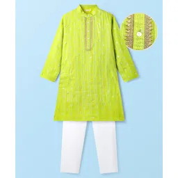 EARTHY TOUCH Cotton Woven Full Sleeves Printed Kurta Pajama Set - Lime Green-picture-38