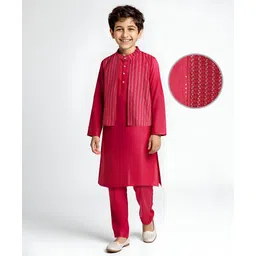 EARTHY TOUCH Cotton Woven Full Sleeves Solid Kurta Pyjama Set with Sequined & Embroided Nehru Jacket - Maroon-image-24