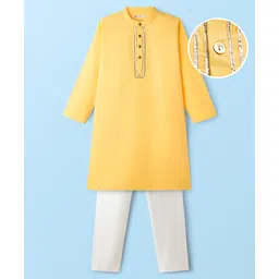 EARTHY TOUCH Cotton Woven Full Sleeves Solid Kurta Pyjama Set - Yellow-picture-35