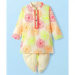 EARTHY TOUCH Cotton Woven Mandarin Collar Full Sleeves Kurta Dhoti Set with Floral Print - Off White-picture-30