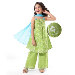 EARTHY TOUCH  Cotton Woven Sleeveless Kurta & Salwar Set With Dupatta Floral Print - Green-image-29