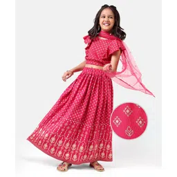 Earthy Touch Frill Sleeves Knit Choli & Lehenga Set With Dupatta Printed- Pink-image-30