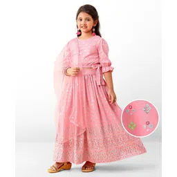 Earthy Touch Full Sleeves Knit Choli & Lehenga With Dupatta Bandhani Print - Pink-image-34