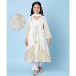 EARTHY TOUCH Georgette Woven Full Sleeves Kurta Salwar Shrug & Dupatta Set With Sequin Detailing - Off White-picture-23