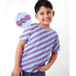 Earthy Touch Half Sleeves Knit T-Shirt Floral Print - Blue-image-44