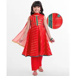 EARTHY TOUCH Lurex Woven Sleeveless Kurta Salwar & Dupatta Set With Floral Embriodery - Red-image-39