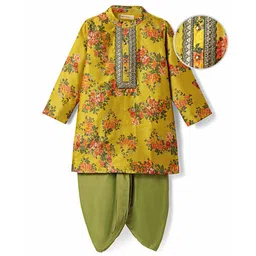 EARTHY TOUCH Rayon Woven Mandarin Collar Full Sleeves Kurta Dhoti Set With Floral Print - Mustard-picture-32