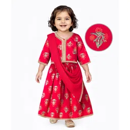 EARTHY TOUCH Single Jersey Kit Three Fourth Sleeves Choli Lehenga Set Dupatta & Floral Glitter Print - Red-picture-14
