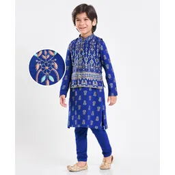 EARTHY TOUCH Single Jersey Knit Full Sleeves Floral Printed Kurta Pyjama Set With Nehru Jacket - Blue-image-21