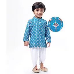 EARTHY TOUCH Single Jersey Knit Full Sleeves Kurta Dhoti Set with Floral Print - Blue-image-46