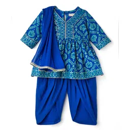 EARTHY TOUCH Single Jersey Knit Full Sleeves Kurti Salwar Set with Dupatta & Floral Glitter Print - Blue-picture-25