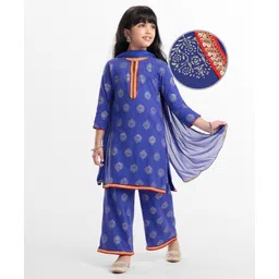 EARTHY TOUCH Single Jersey Knit Full Sleeves Kurti Salwar Set with Dupatta Motif Glitter Print & Lace Detailing - Blue-picture-13