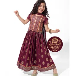 Earthy Touch Single Jersey Knit Half Sleeves Foil Printed Choli Lehenga Set with Dupatta - Maroon-picture-27