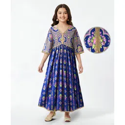 EARTHY TOUCH Single Jersey Knit Three Fourth Sleeves Ethnic Dress With Foil Floral Print - Blue-picture-13