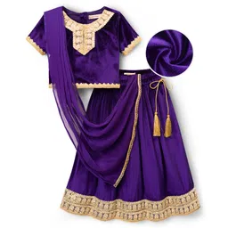 EARTHY TOUCH Velvet Woven Half Sleeves Lehenga Choli Set With Floral Embroidery & Dupatta - Purple-image-43
