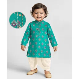 EARTHY TOUCH Viscose Woven Full Sleeves Kurta Dhoti Set With Floral Print - Teal Blue-image-10