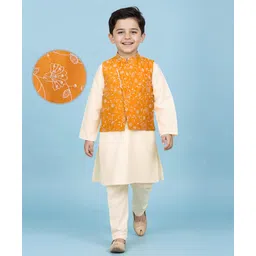 EARTHY TOUCH Viscose Woven Full Sleeves Kurta Pajama Set with Jacket & Floral Embroidery - Orange-picture-28