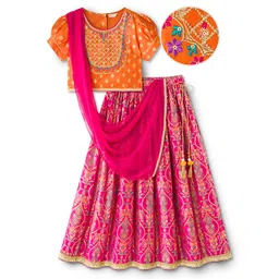 EARTHY TOUCH Viscose Woven Half Sleeves Choli Lehenga & Dupatta Set With Floral Embriodery & Foil Print - Orange-image-2