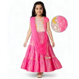 EARTHY TOUCH Viscose Woven Half Sleeves Choli Lehenga & Dupatta Set With Sequin & Mirror Embriodery - Pink-image-3