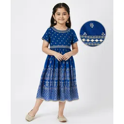 EARTHY TOUCH Viscose Woven Half Sleeves Ethnic Dress With Floral Foil Print - Blue-image-1