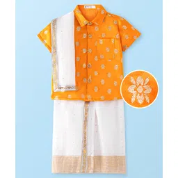 EARTHY TOUCH Viscose Woven Half Sleeves Foil Printed Shirt & Lungi With Sequinned Detailing - Yellow-image-0