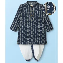 EARTHY TOUCH Woven Full Sleeves Dhoti & Kurta Set with Abstract Print Lace Detailing- Navy Blue-picture-35
