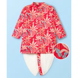 EARTHY TOUCH Woven Full Sleeves Floral Printed Kurta Dhoti Set with Sequin Detailing - Red-picture-16