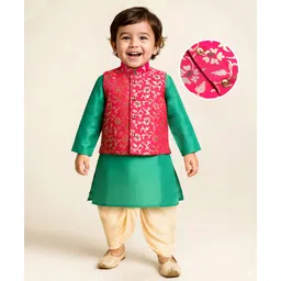 Earthy Touch Woven Full Sleeves Kurta & Dhoti Set With Floral Foil Printed Jacket - Teal Blue & Dark Pink-picture-15