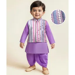 EARTHY TOUCH Woven Full Sleeves Kurta Dhoti & Jacket Set With Sequin Detailing & Embroidery - Purple-picture-19