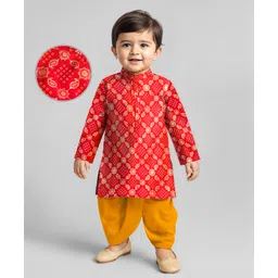 EARTHY TOUCH Woven Full Sleeves Kurta Dhoti Set with Bandhani Glitter Print - Red-picture-16