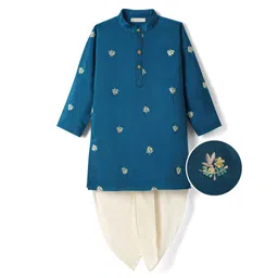 EARTHY TOUCH Woven Full Sleeves Kurta Dhoti Set With Floral Embriodery - Blue-picture-37