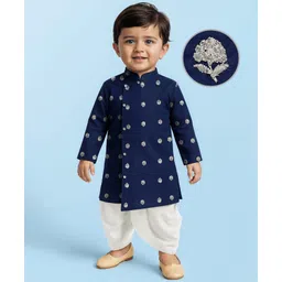 EARTHY TOUCH Woven Full Sleeves Kurta Dhoti Set with Floral Embroidery - Navy Blue image 1