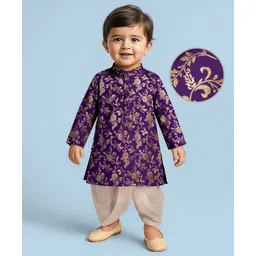 EARTHY TOUCH Woven Full Sleeves Kurta Dhoti Set with Floral Glitter Print - Purple-picture-16