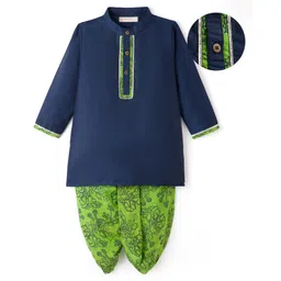 EARTHY TOUCH Woven Full Sleeves Kurta Dhoti Set With Floral Print - Navy Blue-picture-10