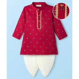 EARTHY TOUCH Woven Full Sleeves Kurta Dhoti Set With Floral Print - Red-picture-14