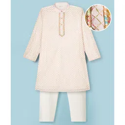 EARTHY TOUCH Woven Full Sleeves Kurta Pajama Set with Embroidery & Sequin Detailing - White-picture-18