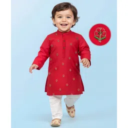 EARTHY TOUCH Woven Full Sleeves Kurta Pajama Set with Floral Embroidery - Red-picture-25