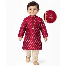 EARTHY TOUCH Woven Full Sleeves Kurta Pajama Set with Floral Print - Maroon-picture-31