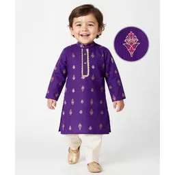 EARTHY TOUCH Woven Full Sleeves Kurta Pajama Set With Floral Print - Purple-picture-39