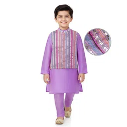EARTHY TOUCH Woven Full Sleeves Kurta Pajama Set with Jacket & Sequin Detailing - Purple-picture-17