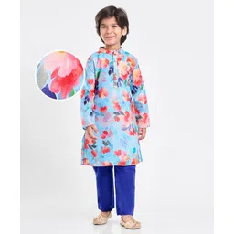 EARTHY TOUCH Woven Full Sleeves Kurta Pyjama Set with Floral Print - Light Blue-picture-29