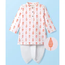 Earthy Touch Woven Mandarin Collar Full Sleeves Kurta Dhoti Set With Floral Print - White-picture-27